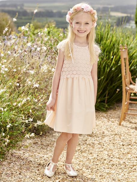 Robe cérémonie fille effet 2 en 1 haut en macramé ivoire+rose nude - vertbaudet enfant 