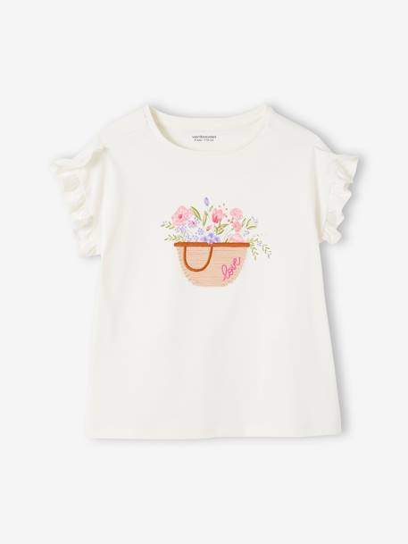 Embroidered T-Shirt with Ruffle on the Sleeves, for Girls ecru - vertbaudet enfant 