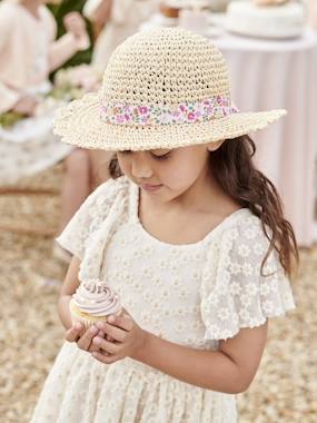 Girls-Accessories-Crochet-Effect Straw-Like Hat with Printed Ribbon for Girls