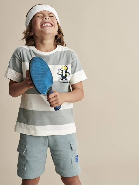Sports T-Shirt with Mascot & Wide Stripes for Boys aqua green - vertbaudet enfant 