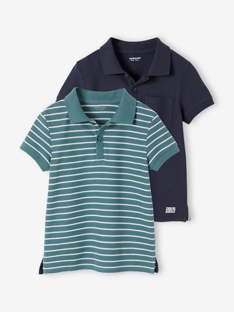Set of 2 Piqué Knit Polo Shirts for Boys aqua green+BROWN DARK 2 COLOR/MULTICOL - vertbaudet enfant 