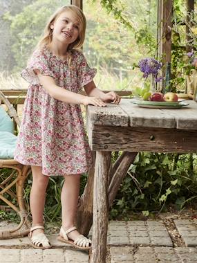 Girls-Dresses-Floral Dress with Ruffled Butterfly Sleeves, for Girls
