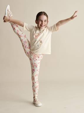Girls-Sports Leggings in Techno Fabric, Exotic Flowers Print, for Girls