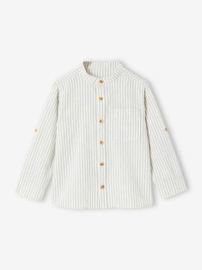 Striped Shirt with Mandarin Collar & Roll-Up Sleeves in Cotton/Linen for Boys  - vertbaudet enfant
