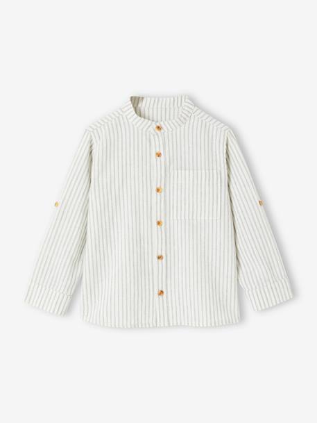 Striped Shirt with Mandarin Collar & Roll-Up Sleeves in Cotton/Linen for Boys striped green - vertbaudet enfant 
