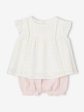 -Embroidered Dress & Bloomer Shorts Combo in Cotton Gauze, for Newborn Babies