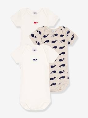 -Pack of 3 Short Sleeve Bodysuits, Whales Print, by PETIT BATEAU