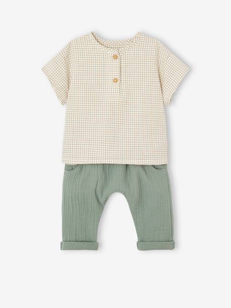 T-Shirt + Cotton Gauze Trouser Ensemble for Newborn Babies grey green - vertbaudet enfant 