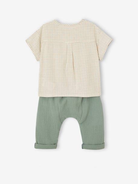 T-Shirt + Cotton Gauze Trouser Ensemble for Newborn Babies grey green - vertbaudet enfant 