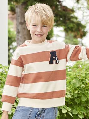 Boys-Cardigans, Jumpers & Sweatshirts-Sweatshirt with Wide Stripes & Bouclé Badge for Boys