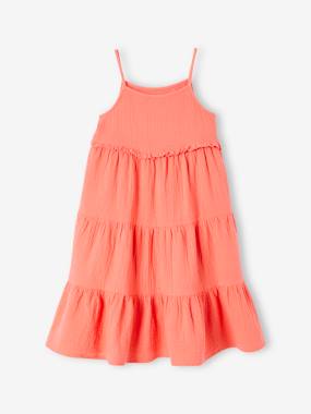 -Long Strappy Dress in Cotton Gauze, for Girls