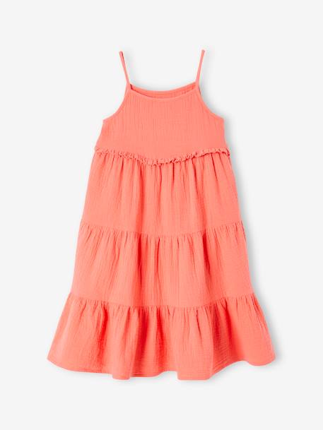Long Strappy Dress in Cotton Gauze, for Girls coral+ecru+petrol blue+printed orange - vertbaudet enfant 