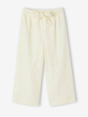 Girls-Trousers-Wide-Leg Cotton Gauze Trousers with Embroidered Flowers for Girls