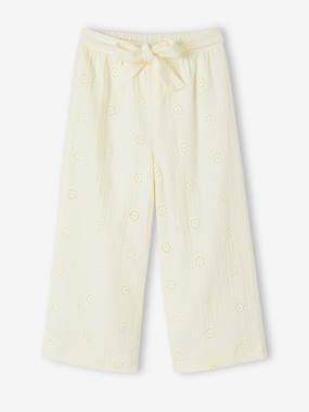 Girls-Trousers-Wide-Leg Cotton Gauze Trousers with Embroidered Flowers for Girls