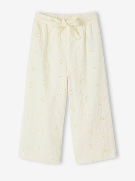 Wide-Leg Cotton Gauze Trousers with Embroidered Flowers for Girls vanilla - vertbaudet enfant 