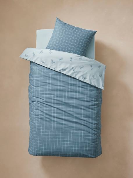 Reversible Duvet Cover + Pillowcase Essentials Set in Recycled Cotton, Checks & Bikes printed blue - vertbaudet enfant 