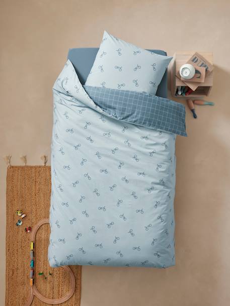 Pack housse de couette + taie d'oreiller essentiels Réversible CARREAUX VELOS, avec coton recyclé bleu imprimé - vertbaudet enfant 