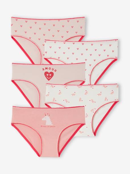 Pack of 5 Briefs in Organic Cotton, Hearts & Unicorns, for Girls - rose,  Girls