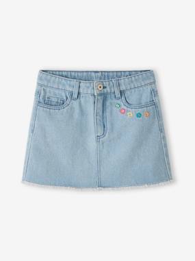 Girls-Denim Skirt with Embroidered Flowers, for Girls