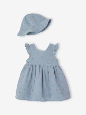 Dress & Bucket Hat Combo in Cotton Gauze for Newborns  - vertbaudet enfant