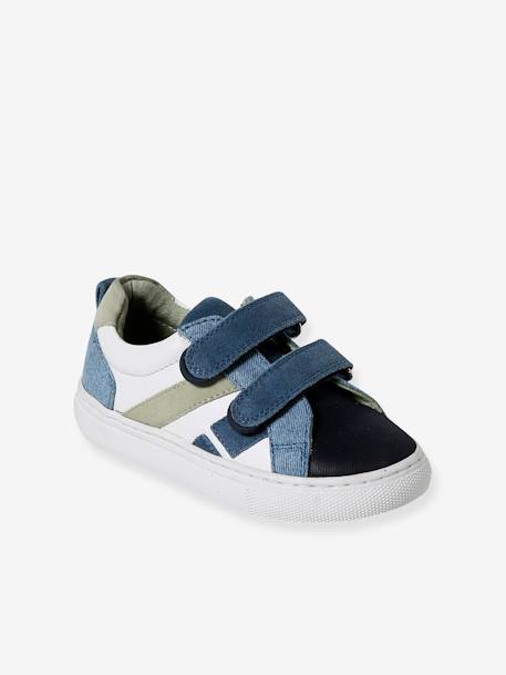 Leather Trainers with Hook-and-Loop Fasteners for Boys, Designed for Autonomy navy blue+set blue - vertbaudet enfant 