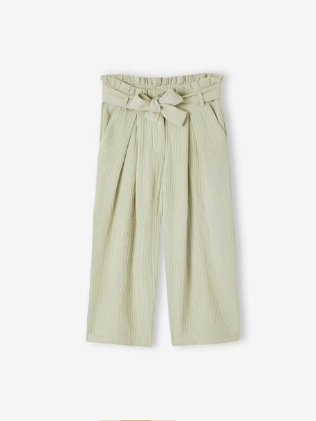 Cropped, Wide Leg Paperbag Trousers in Cotton Gauze for Girls ecru+sage green - vertbaudet enfant 