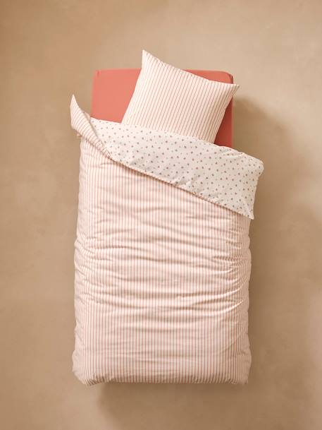 Parure housse de couette et taie d'oreiller réversible FLEURS RAYURES, avec coton recyclé rose imprimé - vertbaudet enfant 