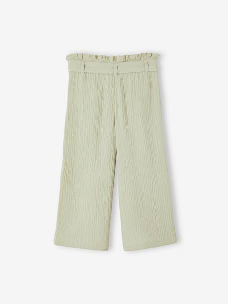 Cropped, Wide Leg Paperbag Trousers in Cotton Gauze for Girls ecru+old rose+sage green - vertbaudet enfant 