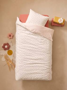 Linge de lit & Déco-Linge de lit enfant-Pack housse de couette + taie d'oreiller essentiels Réversible FLEURS RAYURES, avec coton recyclé