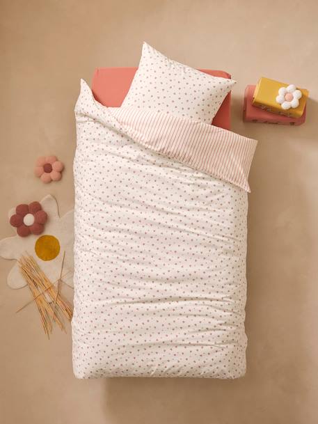 Reversible Duvet Cover + Pillowcase Essentials Set in Recycled Cotton, Flowers & Stripes printed pink - vertbaudet enfant 