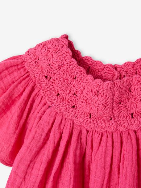 Cotton Gauze Blouse with Crochet Neckline for Babies fuchsia - vertbaudet enfant 