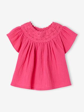 Baby-Blouses & Shirts-Cotton Gauze Blouse with Crochet Neckline for Babies