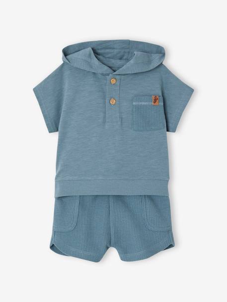 Ensemble bébé T-shirt à capuche et short en nid d'abeille bleu canard - vertbaudet enfant 