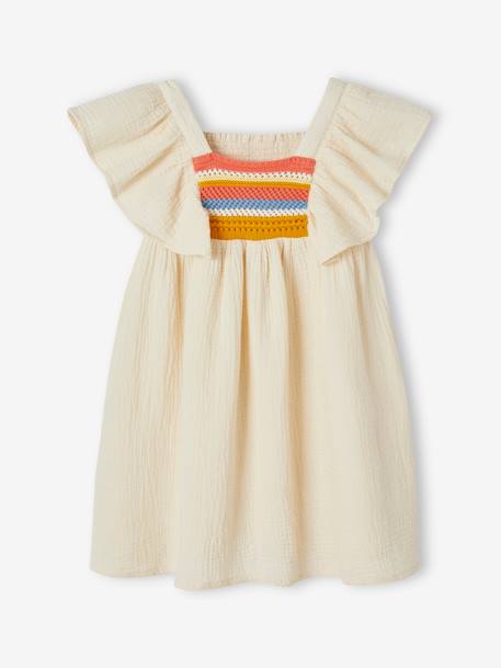 Cotton Gauze Dress with Detail in Fancy Crochet, for Girls ecru - vertbaudet enfant 