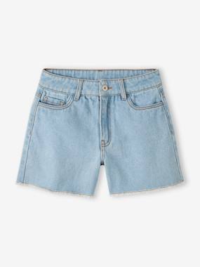 Girls-Shorts-Denim Bermuda Shorts, Crocheted Pocket on the Back, for Girls