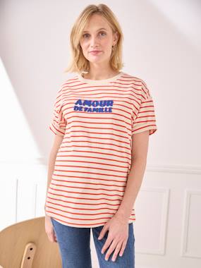 Maternity-T-shirts & Tops-Striped T-Shirt with Message, in Organic Cotton, for Maternity