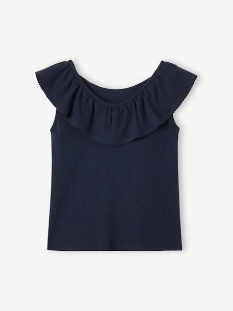 Top with Ruffle, in Pointelle Knit, for Girls ecru+emerald green+navy blue+sweet pink - vertbaudet enfant 
