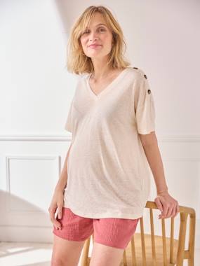 Maternity-T-shirts & Tops-V-Neckline T-Shirt in Linen & Viscose, for Maternity