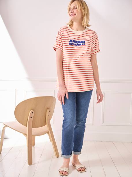 Striped T-Shirt with Message, in Organic Cotton, for Maternity ecru+fir green - vertbaudet enfant 
