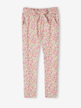 Girls-Trousers-Fluid Cropped Trousers with Floral Print, for Girls