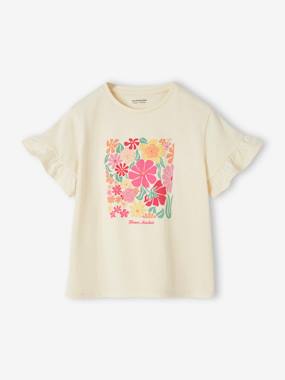 Girls-Tops-T-Shirt with Fancy Crochet Flowers, Ruffled Sleeves, for Girls