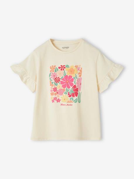 T-Shirt with Fancy Crochet Flowers, Ruffled Sleeves, for Girls ecru - vertbaudet enfant 