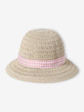 Hat in Paper Straw & Gingham Ribbon for Baby Girls  - vertbaudet enfant