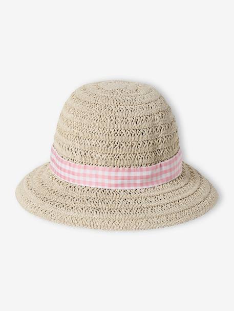 Hat in Paper Straw & Gingham Ribbon for Baby Girls ecru - vertbaudet enfant 