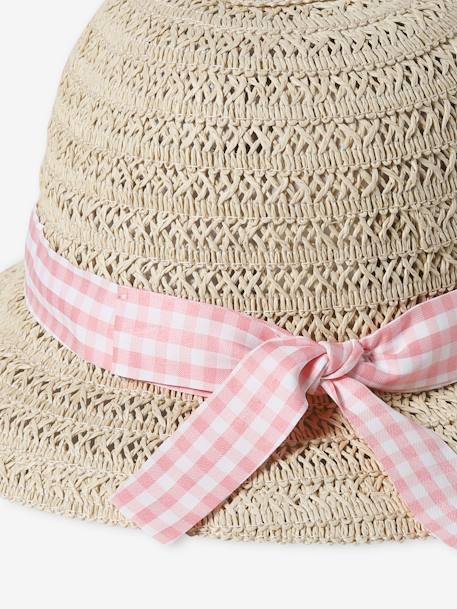 Hat in Paper Straw & Gingham Ribbon for Baby Girls ecru - vertbaudet enfant 