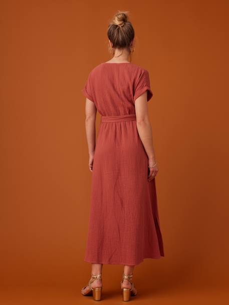 Robe longue grossesse effet cache-coeur en gaze de coton argile+beige+marine+terracotta - vertbaudet enfant 