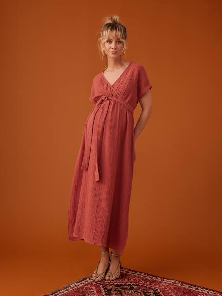 Robe longue grossesse effet cache-coeur en gaze de coton argile+beige+marine+terracotta - vertbaudet enfant 