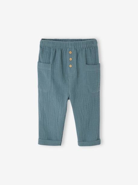 Pantalon bébé en gaze de coton beige bois+bleu canard - vertbaudet enfant 