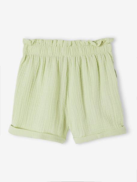 Paperbag Shorts in Cotton Gauze for Girls almond green+coral+pale blue+vanilla - vertbaudet enfant 