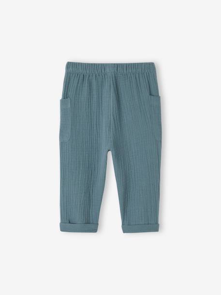 Trousers in Cotton Gauze for Babies BEIGE MEDIUM SOLID+peacock blue - vertbaudet enfant 